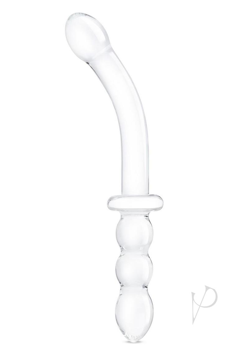 Glas Girthy Ribbed G-Spot Glass Dildo with Handle Grip Double End - Clear - 12in