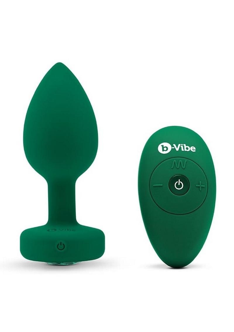 B-Vibe Vibrating Jewel Plug Rechargeable Silicone Anal Plug with Remote - Emerald/Green - Large/Medium