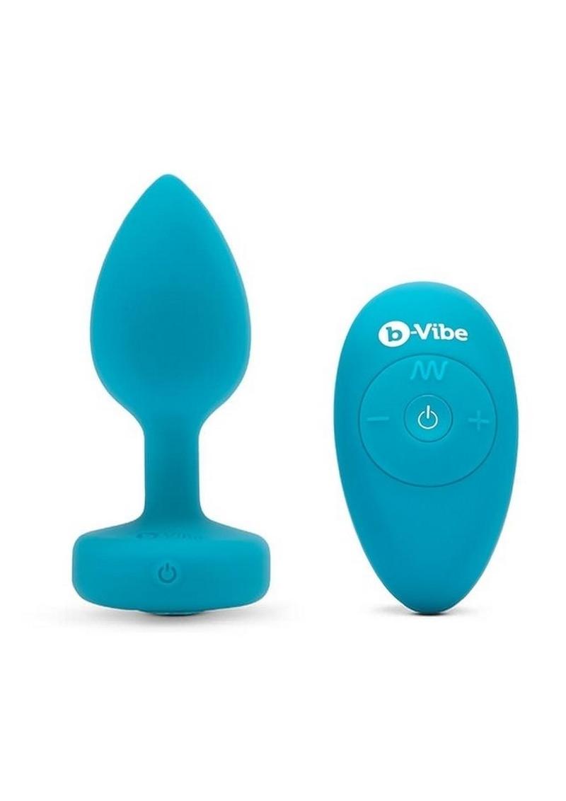 B-Vibe Vibrating Jewel Plug Rechargeable Silicone Anal Plug with Remote - Teal - Medium/Small