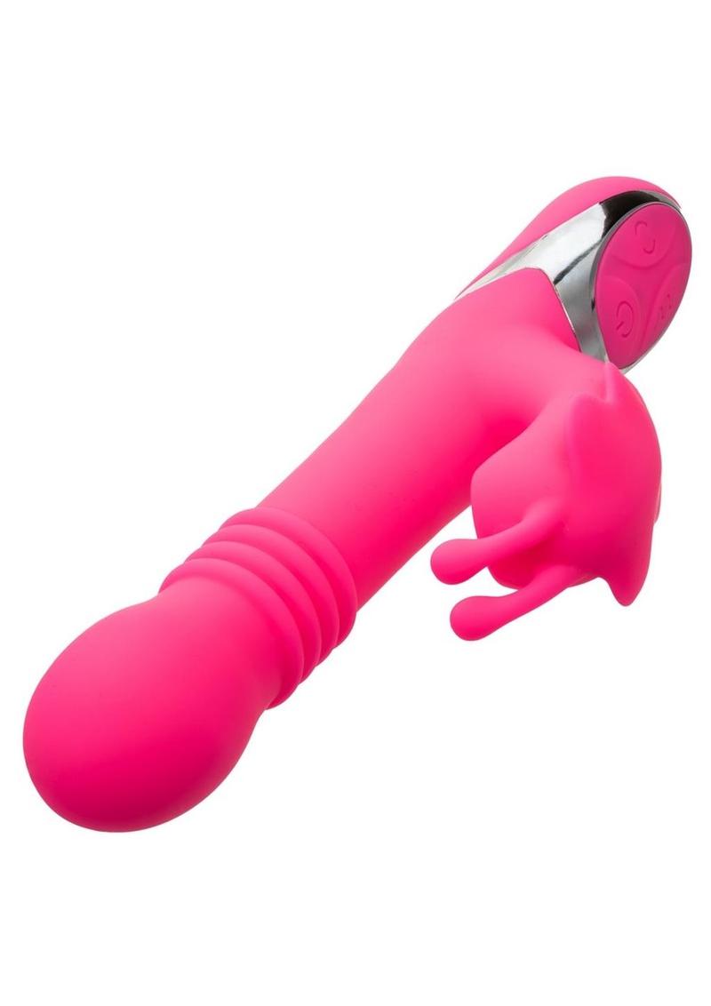 Enchanted Kissing Butterfly Rechargeable Silicone Thrusting and Rotating Vibrator with Clitoral Stimulator - Pink