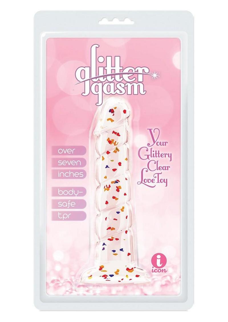 Glittergasm Swirl Clear Dildo with Suction Cup - Orange/Red/Golden Glitter - Gold/Orange/Red