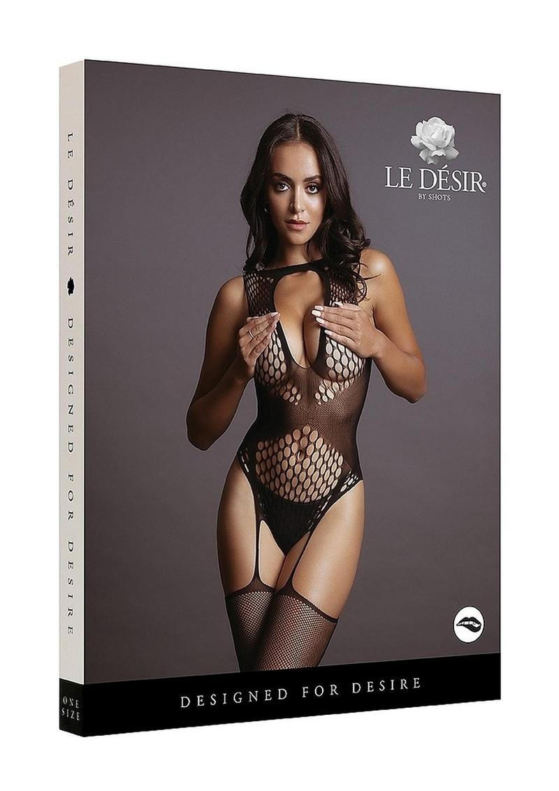 Le Desir Contrast Suspender Bodystocking - Black - One Size