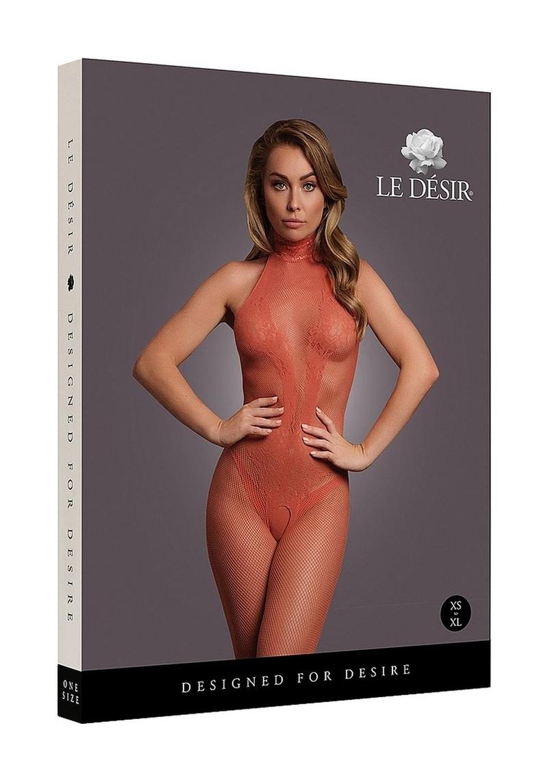 Le Desir Fishnet and Lace Bodystocking - One Size - Sunset Glow - Orange - One Size