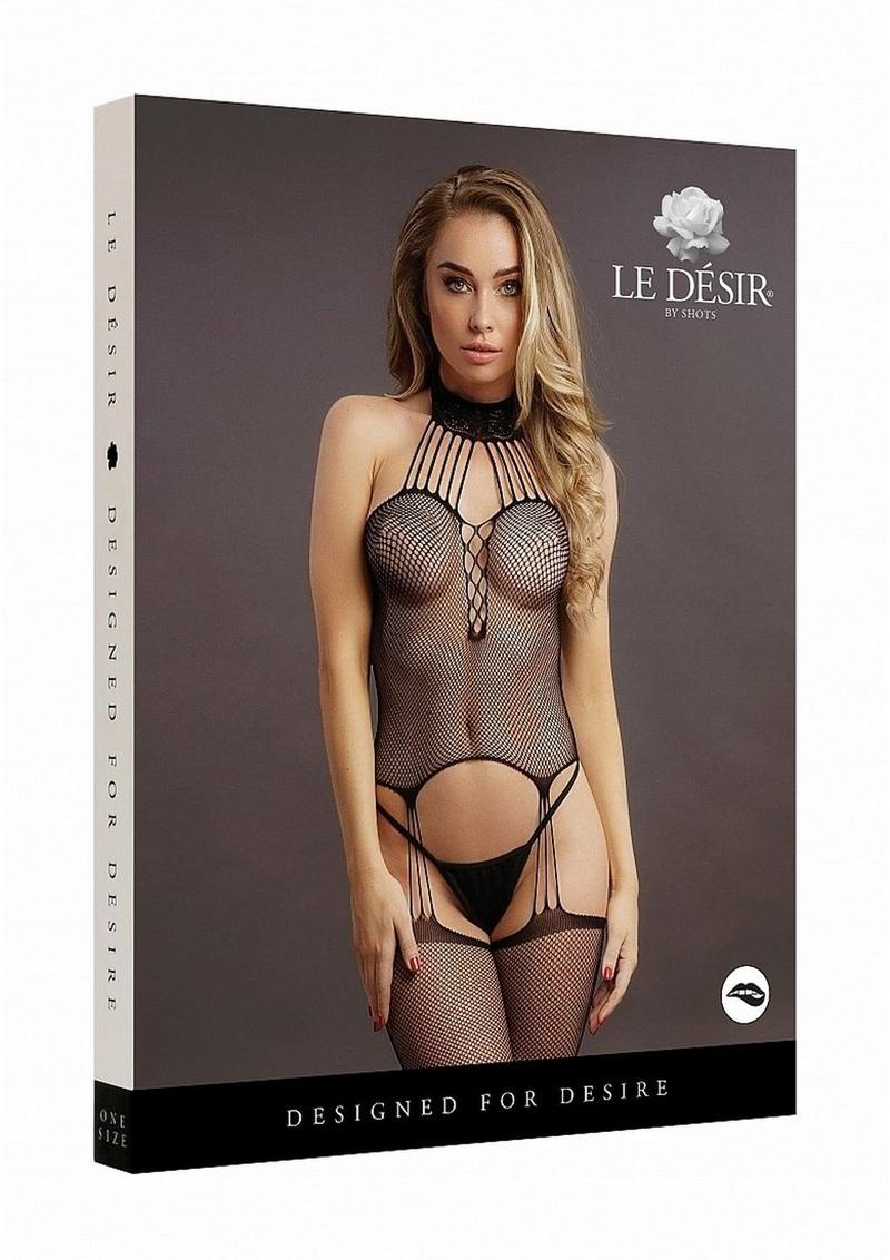 Le Desir Suspender Fishnet Choker Bodystocking - Black - One Size