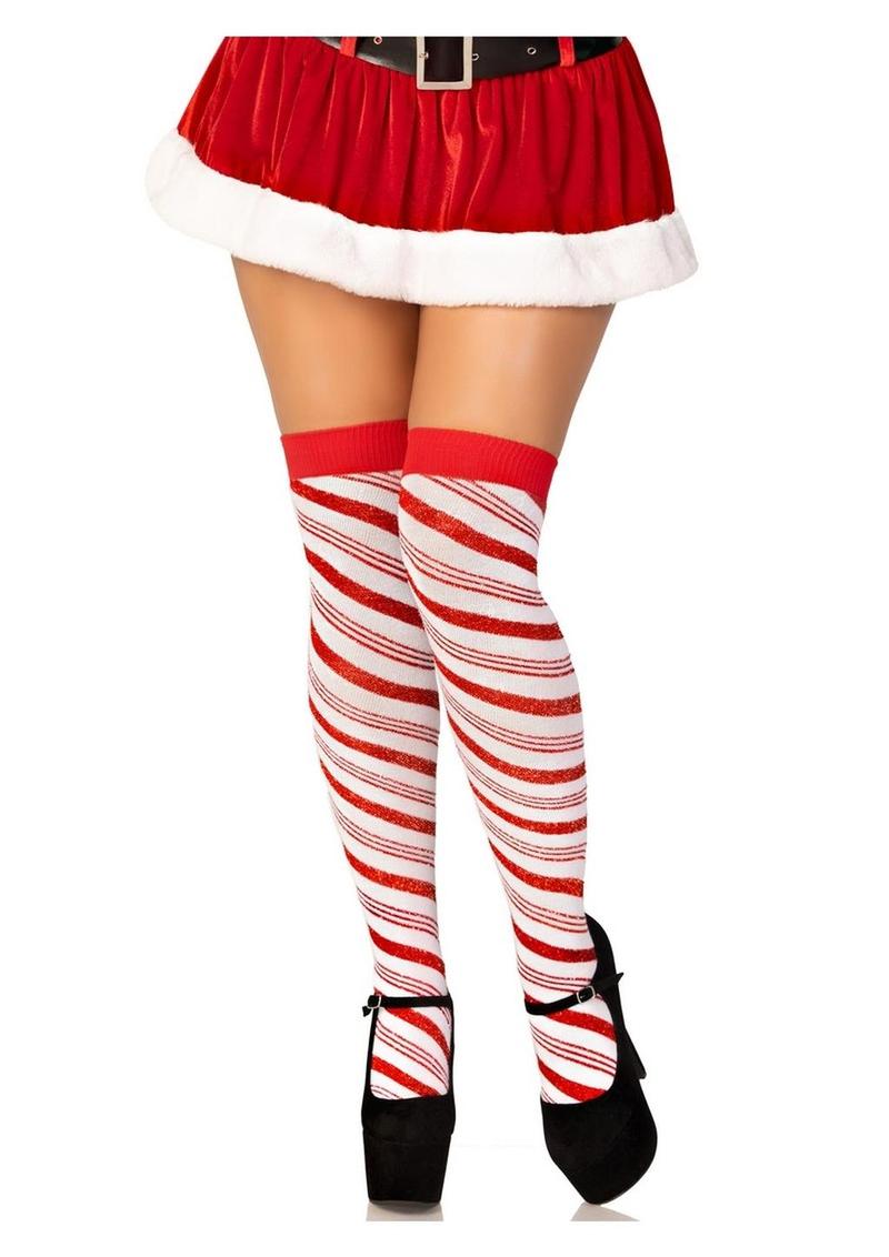 Leg Avenue Candy Cane Lurex Striped Over The Knee Socks - White - One Size