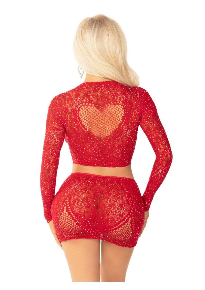 Leg Avenue Rhinestone Lace and Net Crop Top with Heart Keyhole Detail and Mini Skirt - Red - One Size - 2 Piece