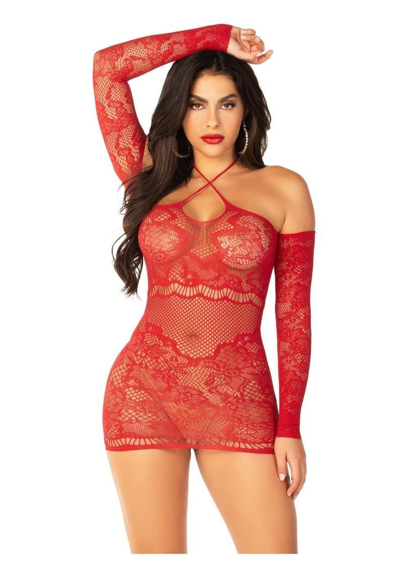 Leg Avenue Seamless Lace Net Off The Shoulder Mini Dress with Twist Halter Strap - Red - One Size