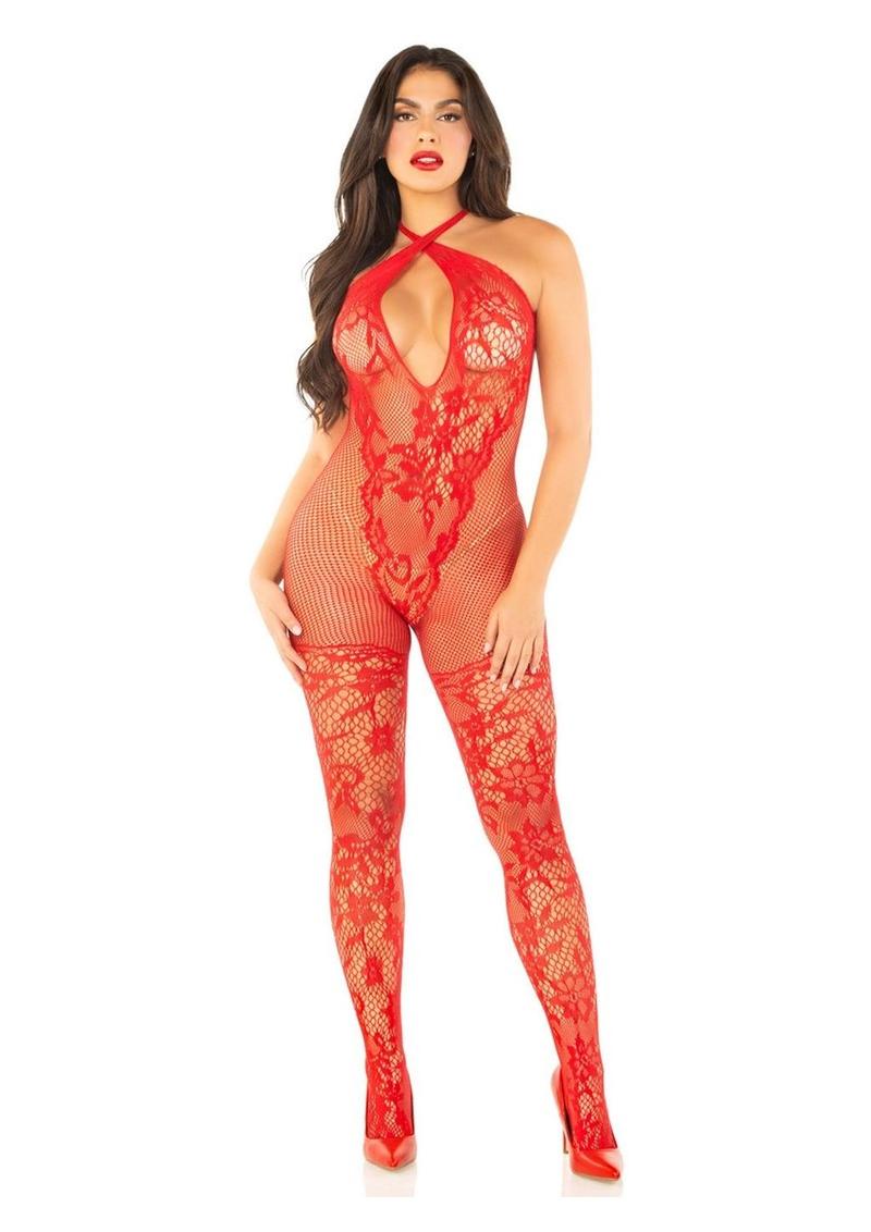 Leg Avenue Seamless Net and Lace Lingerie Jumpsuit with Keyhole Crossover Halter