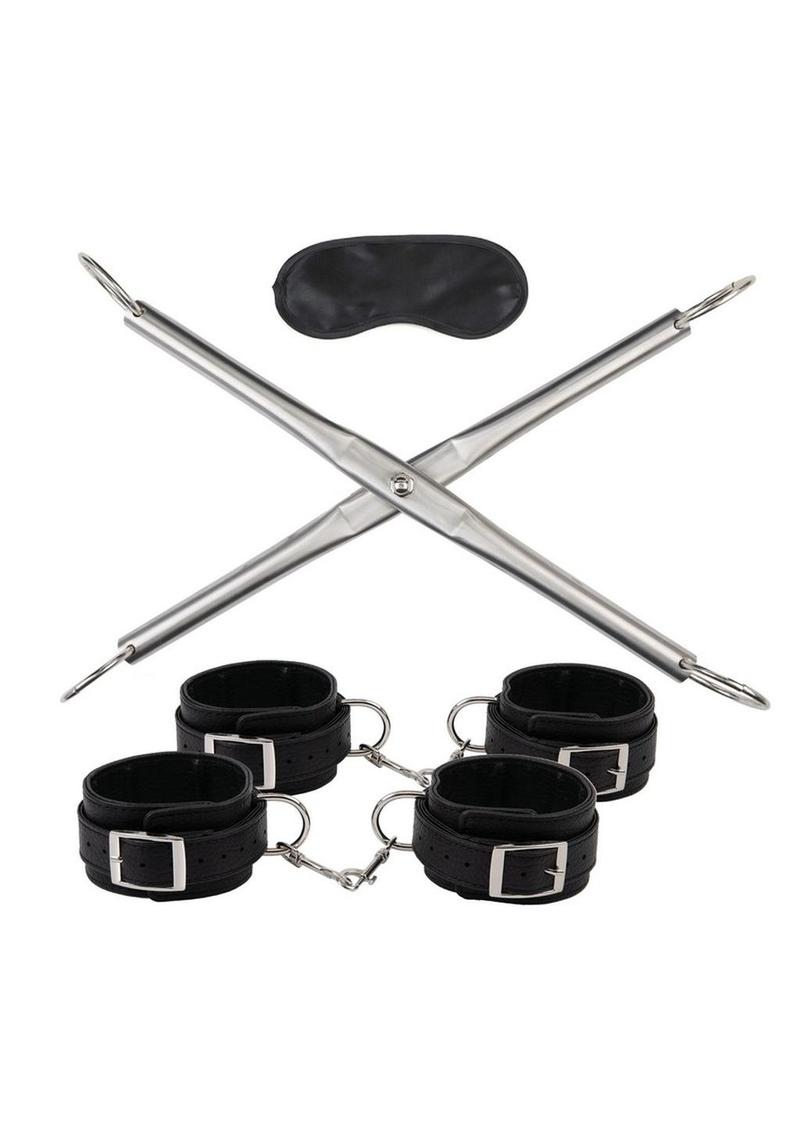 Lux Fetish Hog-Tie Spreader Bar with Detachable Wrist and Ankle Cuffs - Black/Silver