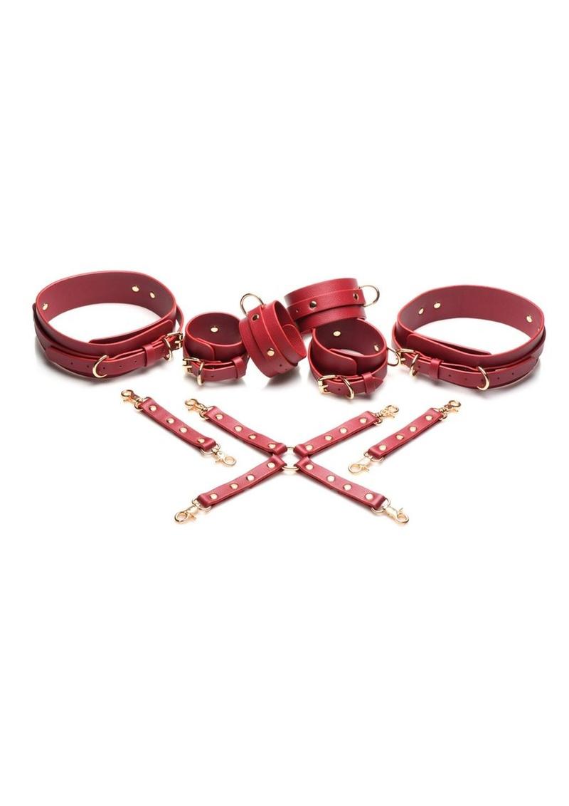 Master Series Crimson Captive Thigh, Wrist, Ankle Hog Tie Restraints - Metal/Red