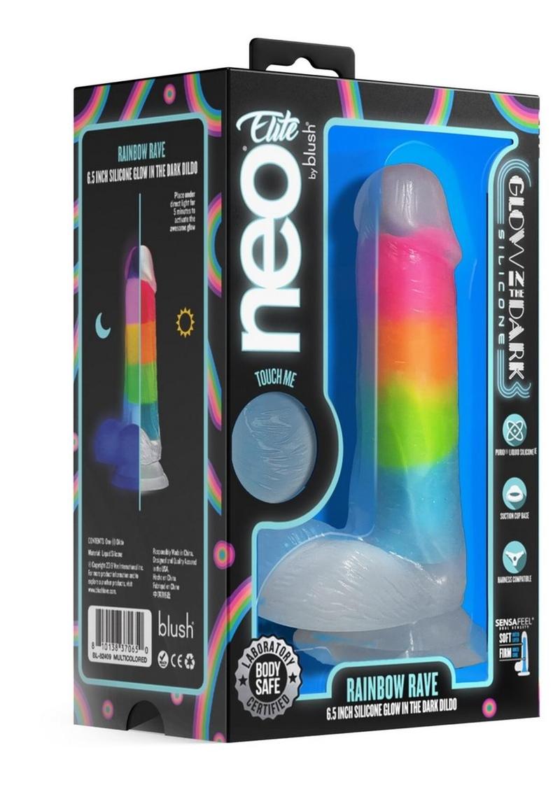 Neo Elite Glow In The Dark Silicone Rainbow Rave Dildo - Glow In The Dark/Multicolor - 6.5in