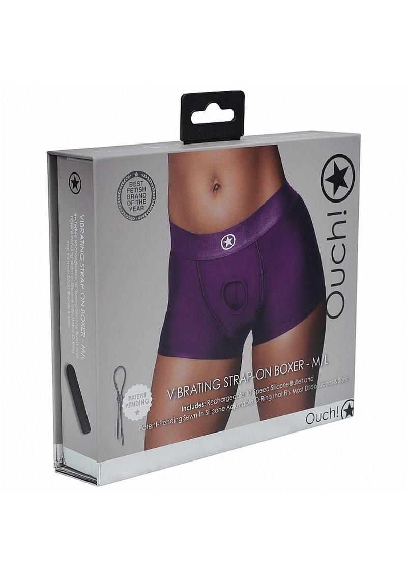 Ouch! Vibrating Strap-On Boxer Rechargeable - Purple - Large/Medium