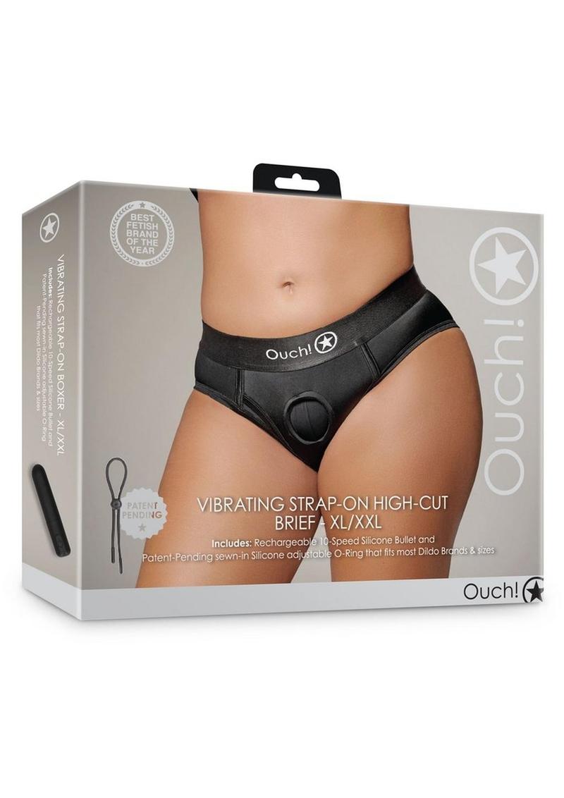 Ouch! Vibrating Strap-On High-Cut Brief Rechargeable - Black - XLarge/XXLarge