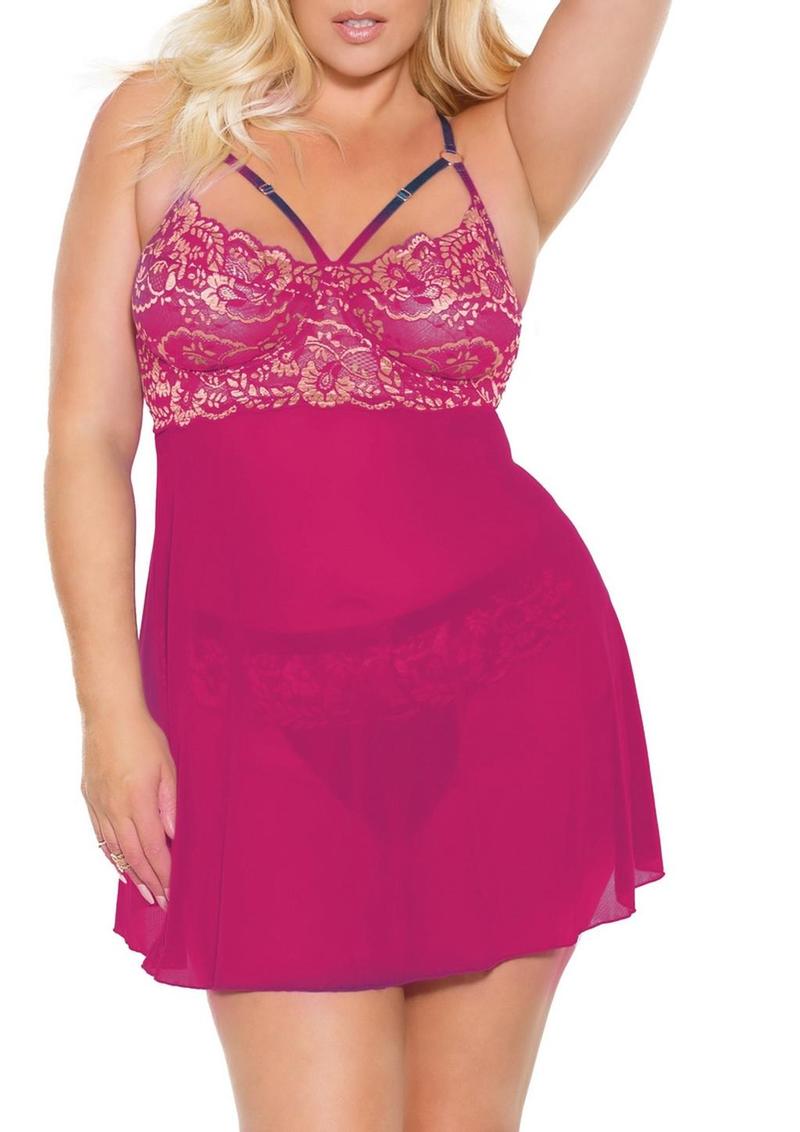 Pink Pussycat Babydoll and Thong - 1xlarge - Pink/Rose Gold - XXLarge