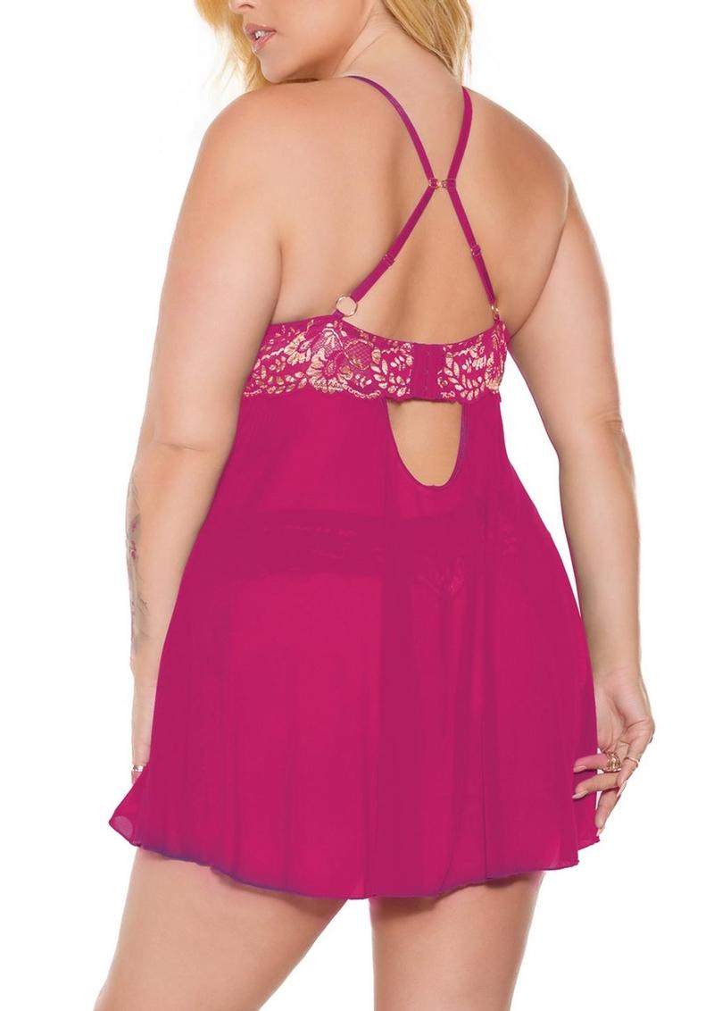 Pink Pussycat Babydoll and Thong - 1xlarge - Pink/Rose Gold - XXLarge