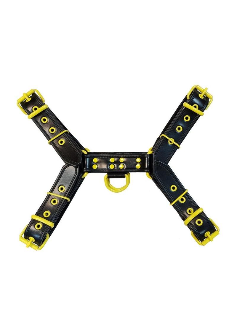 Rouge Leather Over The Head Harness Black with Yellow Accessories - Black/Yellow - Large