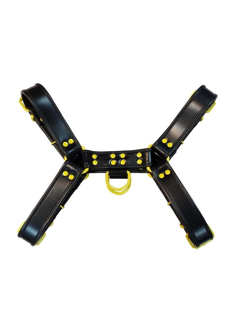 Rouge Leather Over The Head Harness Black with Yellow Accessories - Black/Yellow - Large