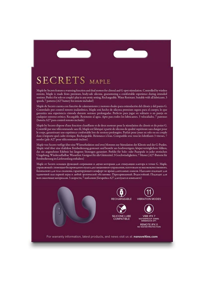 Secrets Maple Rechargeable Silicone G-Spot Warming Vibrator with Clitoral Stimulation - Purple