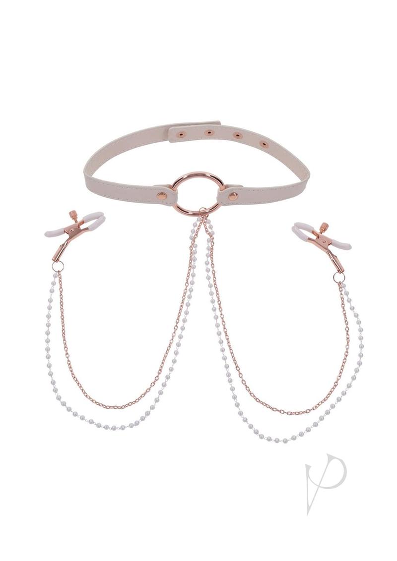 Sex and Miscielf Peaches 'N Creame Collar with Nipple Clamps - Ivory/Rose Gold