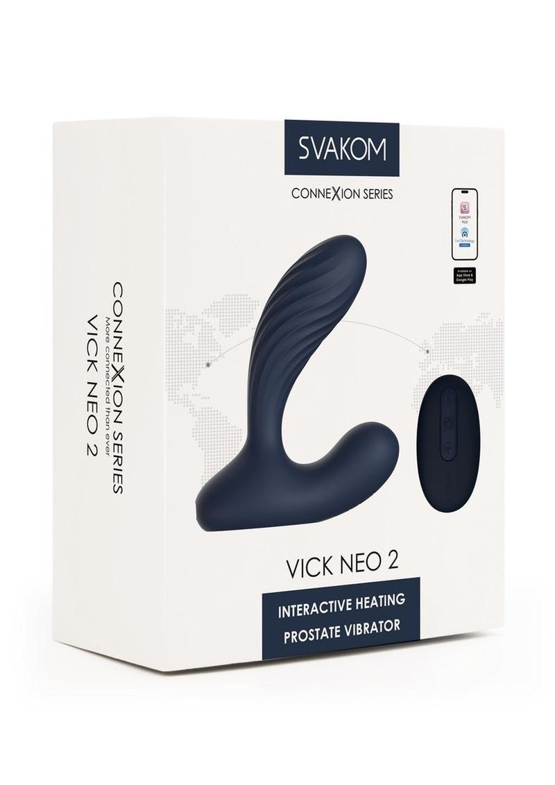 Svakom Vick Neo 2 App Compatible Rechargeable Silicone Warming Dual Stimulating Prostate Vibrator with Remote Control - Blue/Gold/Navy Blue