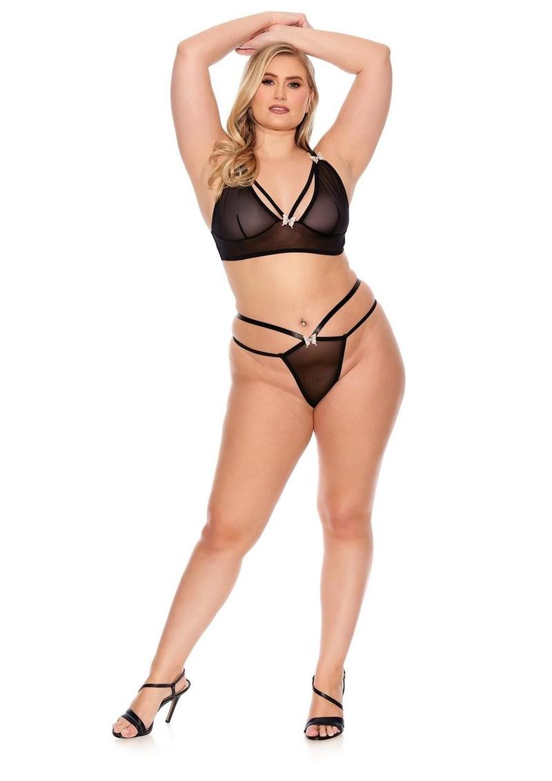 Barely Bare Bodice Bra and G-String Panty - Black - Plus Size/Queen