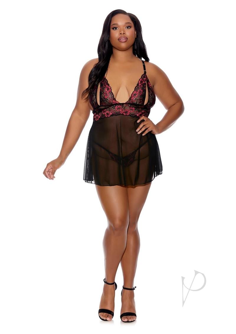 Barely Bare Split Cup Babydoll and G-String Panty - Black - Plus Size/Queen