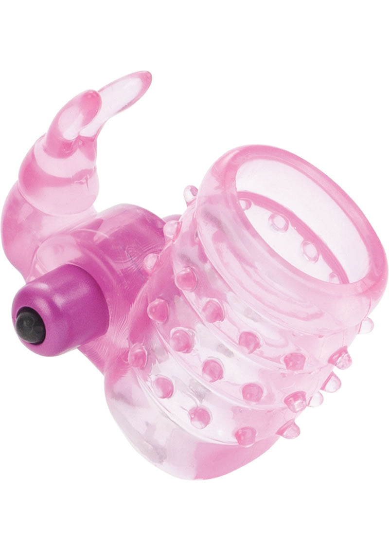 Basic Essentials Stretchy Vibrating Bunny Enhancer Cock Ring with Clitoral Stimulation - Pink