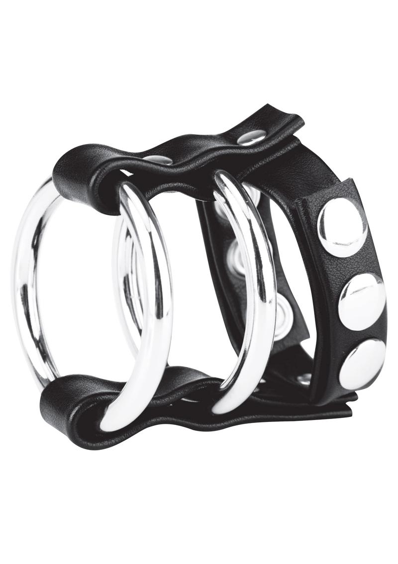 Blue Line C and B Gear Double Metal Cock Ring with Adjustable Snap Ball Strap - Black/Metal