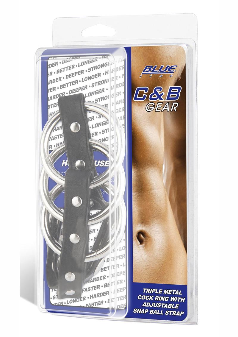 Blue Line C and B Gear Triple Metal Cock Ring with Adjustable Snap Ball Strap - Black/Metal