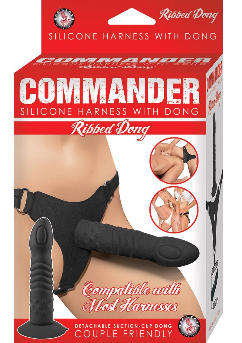 Commander Silicone Adjustable Harness with Ribbed Dildo - Black