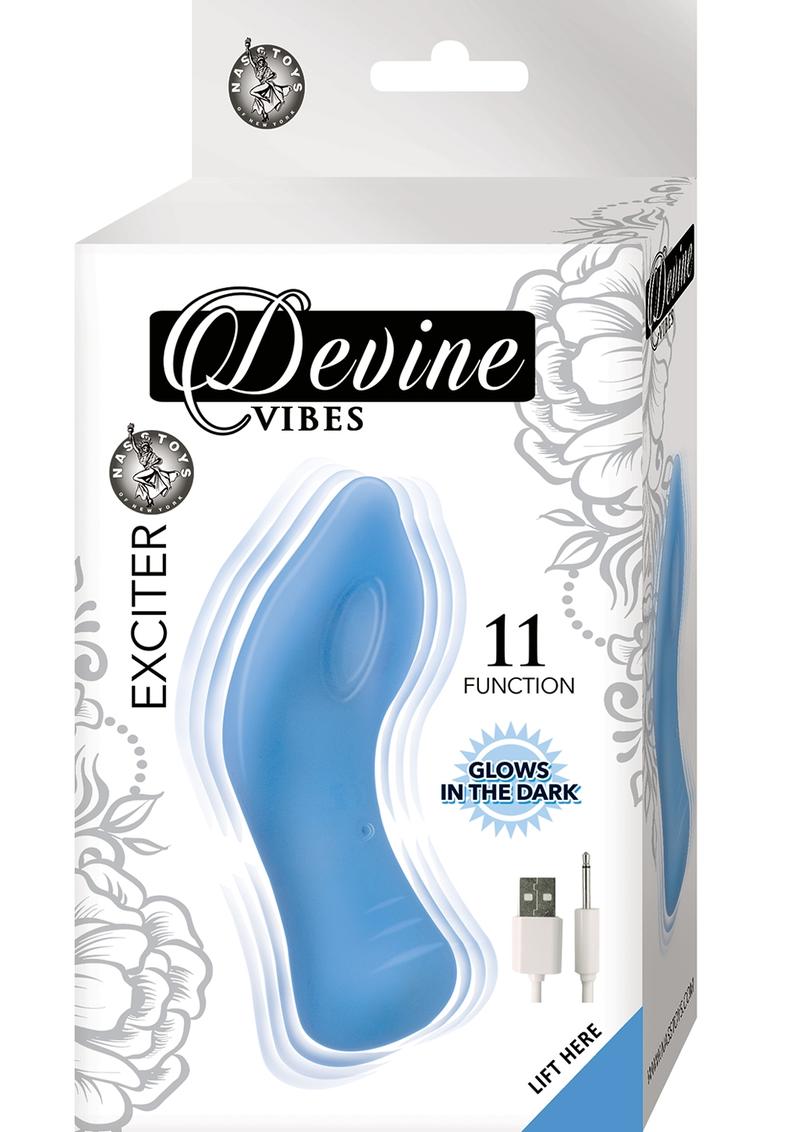 Devine Vibes Exciter Rechargeable Silicone Glow In The Dark Vibrator - Blue