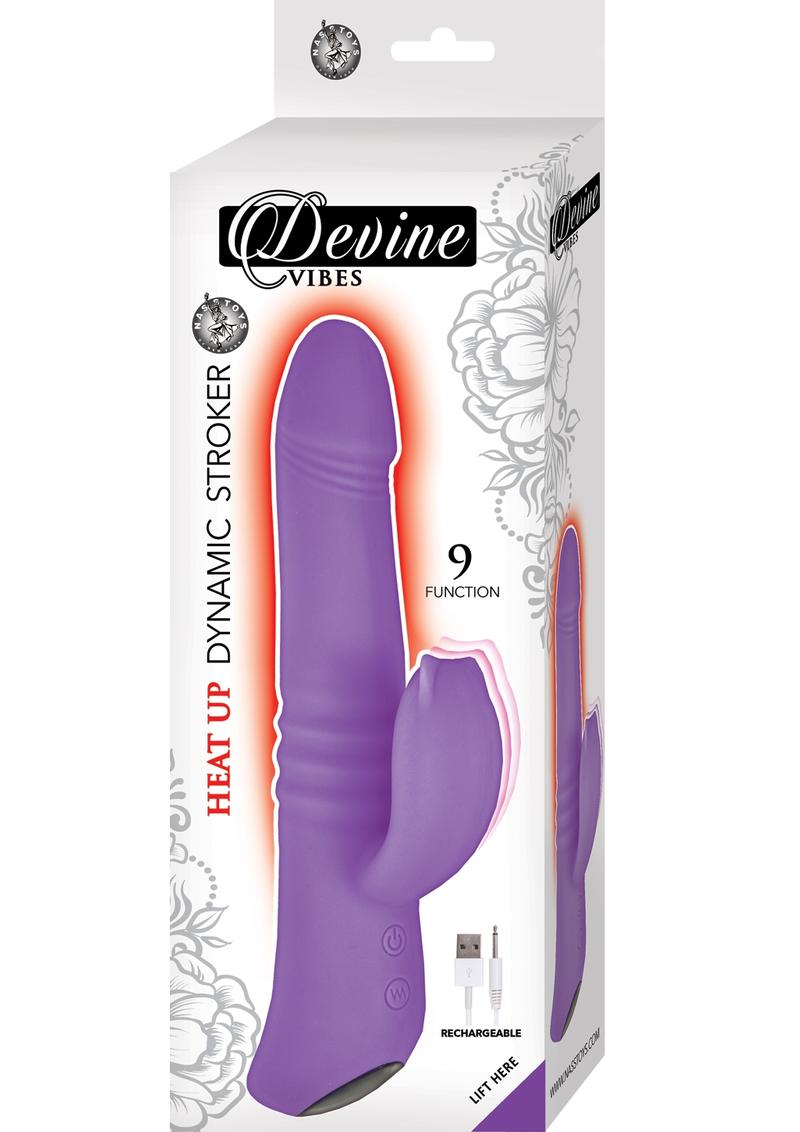 Devine Vibes Heat Up Dynamic Stroker Rechargeable Silicone Thrusting Vibrator - Purple