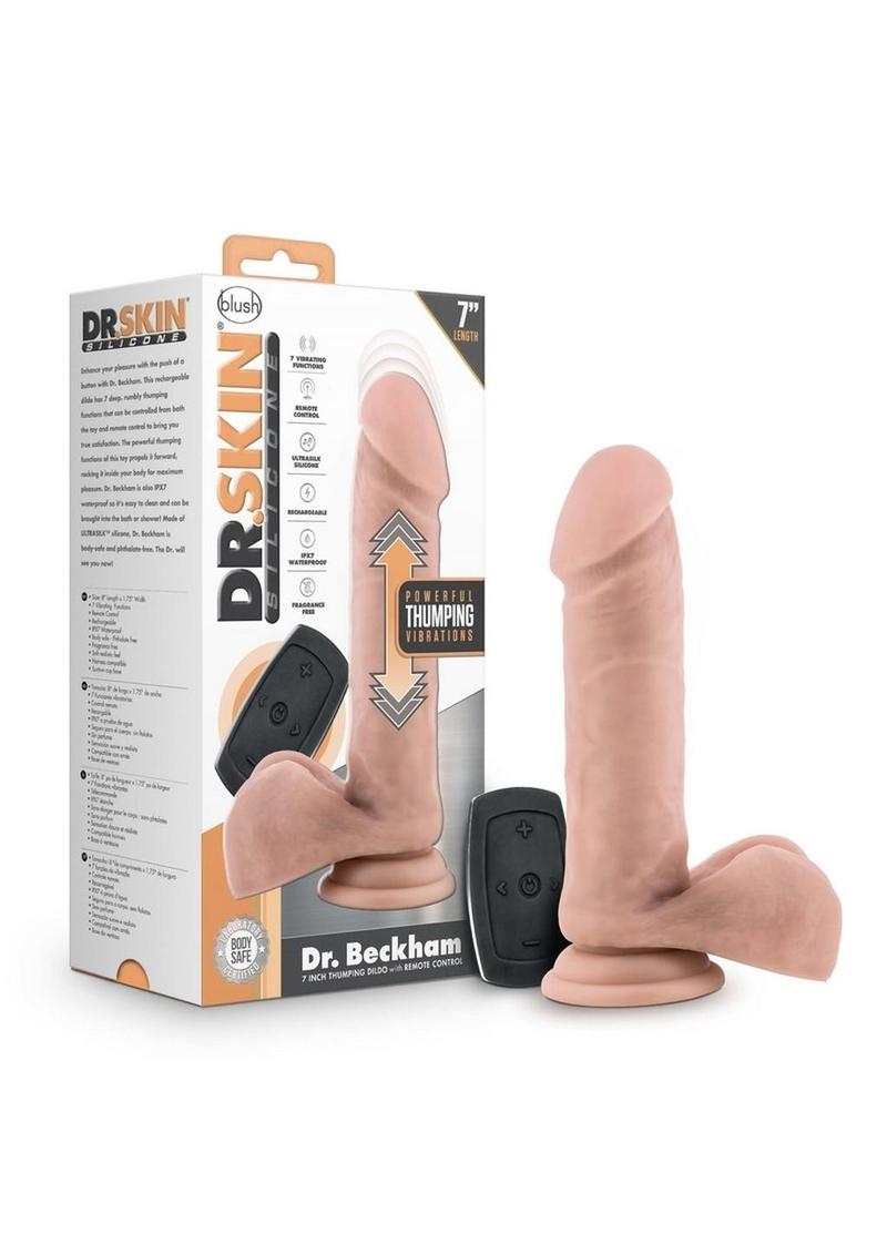 Dr. Skin Silicone Dr. Beckham Rechargeable Thumping Dildo with Remote Control - Vanilla - 7in