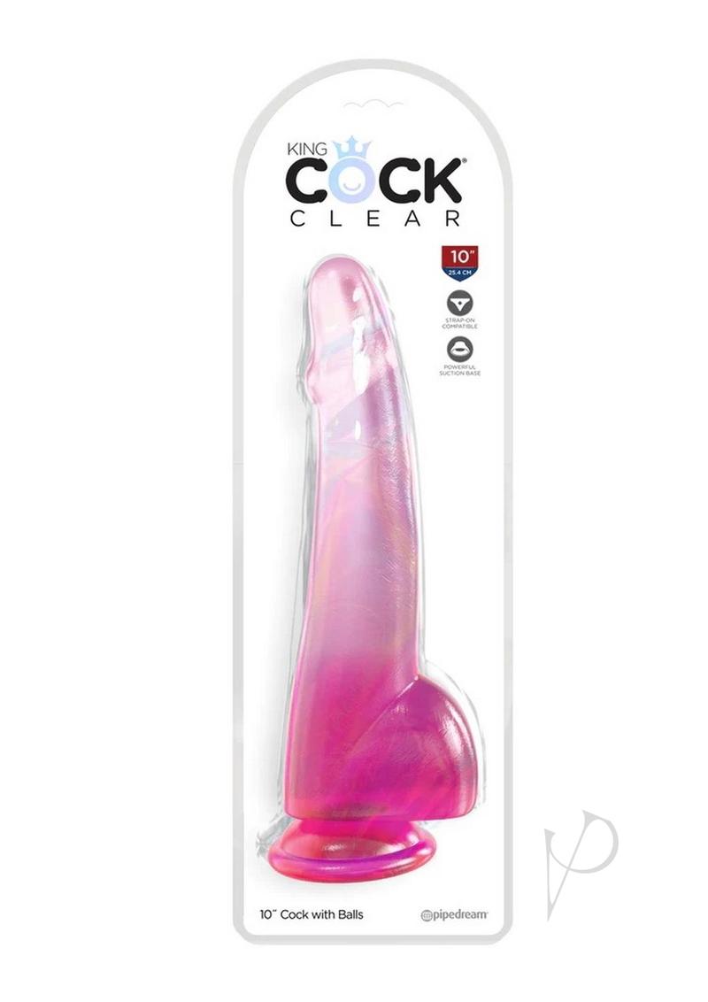 King Cock Clear Dildo with Balls - Clear/Pink - 10in