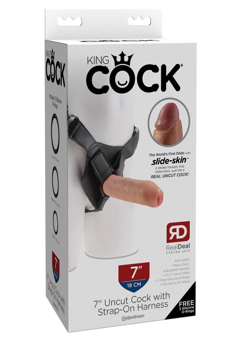 King Cock Uncut Cock Dildo with Strap-On Harness - Vanilla - 7in