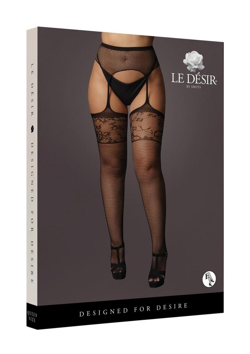 Le Desir Garterbelt Stockings with Lace Top - Black - Queen