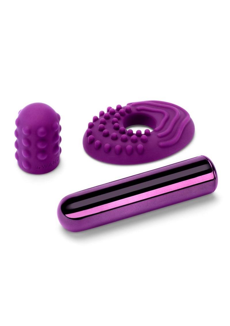 Le Wand Bullet Rechargeable Vibrator with Textured Silicone Sleeve and Ring - Cherry/Purple