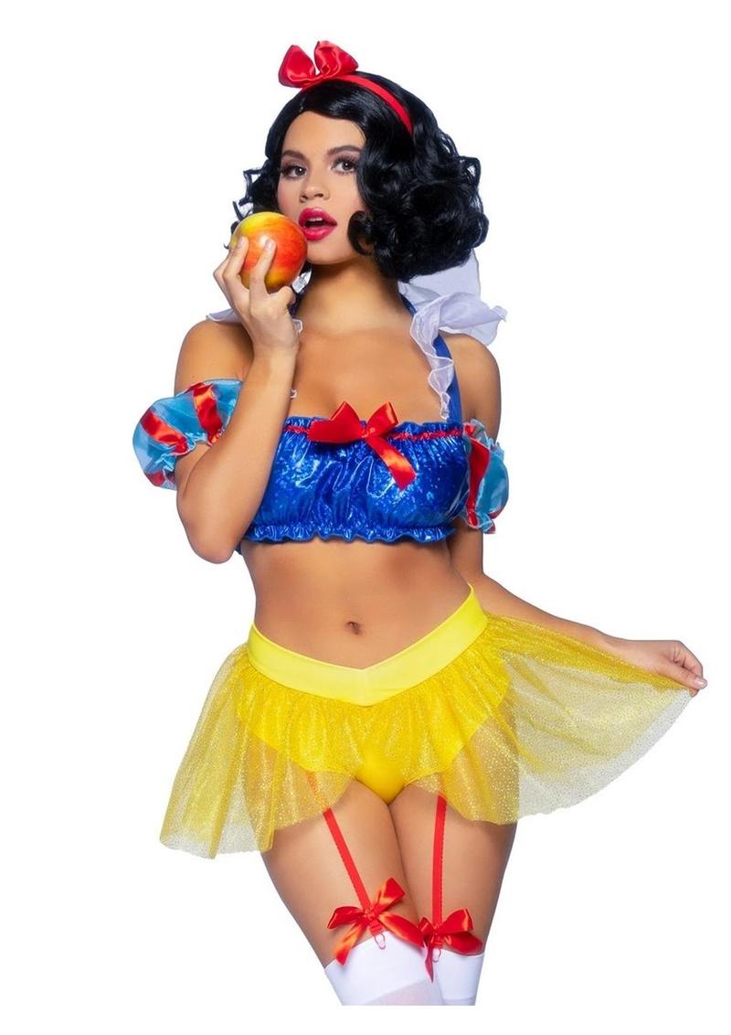 Leg Avenue Bad Apple Snow White, Shimmer Halter Bandeau with Organza Puff Sleeves and Ruffle Collar, Garter Panty with Shimmer Sheer Skirt, and Matching Bow Headband - Multicolor - Small - 3 Piece