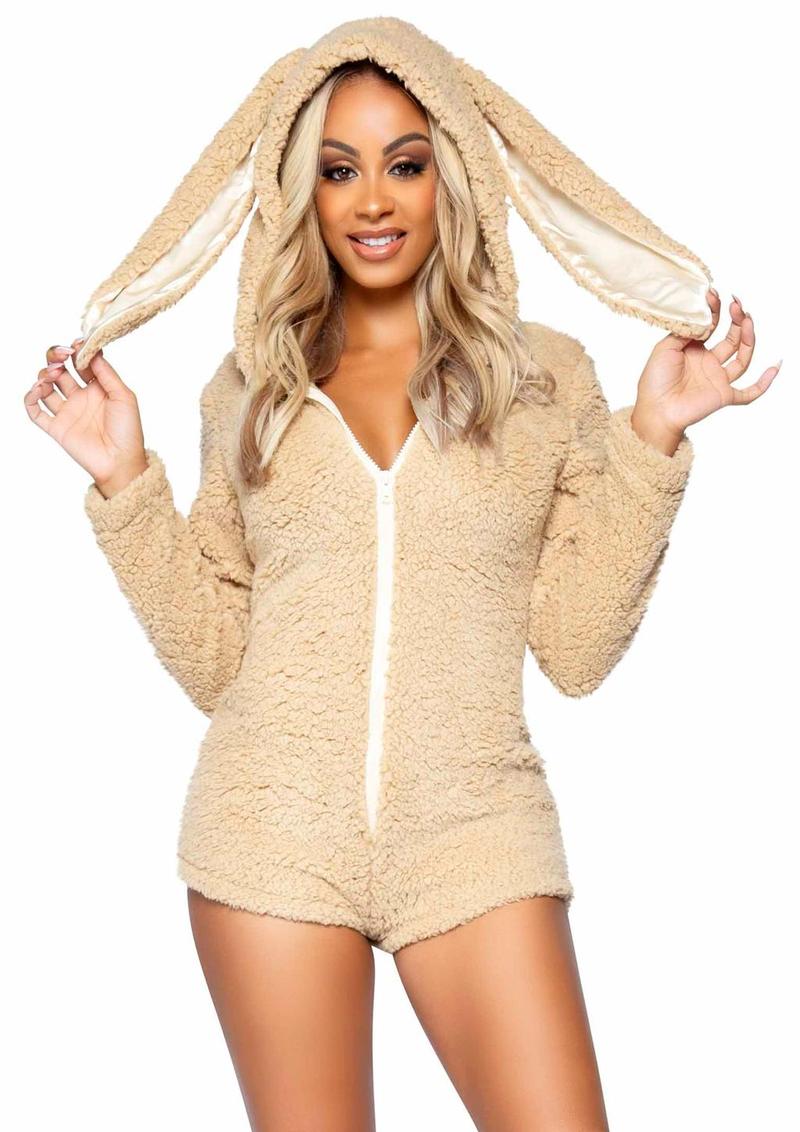 Leg Avenue Cuddle Bunny Ultra Soft Zip Up Teddy with Bunny Ear Hood and Cute Bunny Tail - Beige - Medium