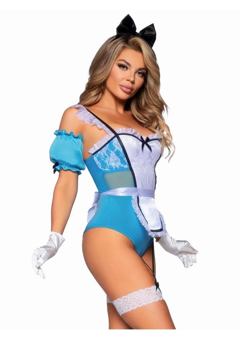 Leg Avenue Curious Miss Alice Lace Trimmed Garter Bodysuit with Sheer Panels, Puff Sleeves, Apron, and Bow Headband - Blue/White - XSmall - 4 Piece