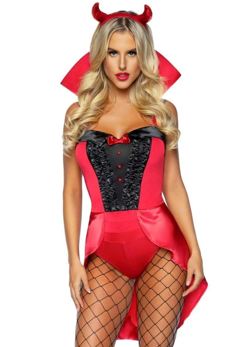 Leg Avenue Devilish Darling Tux and Tails Bodysuit with Stay Up Collar, Pin-On Devil Tail, and Sequin Devil Horn Headband - Red - Small - 3 Piece