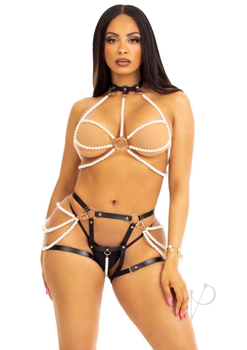 Leg Avenue Faux Pearl Multi Strand Halter Harness with O-Ring Detail and Convertible Vegan Leather Butt Harness - Black/White - Large - 2 Piece