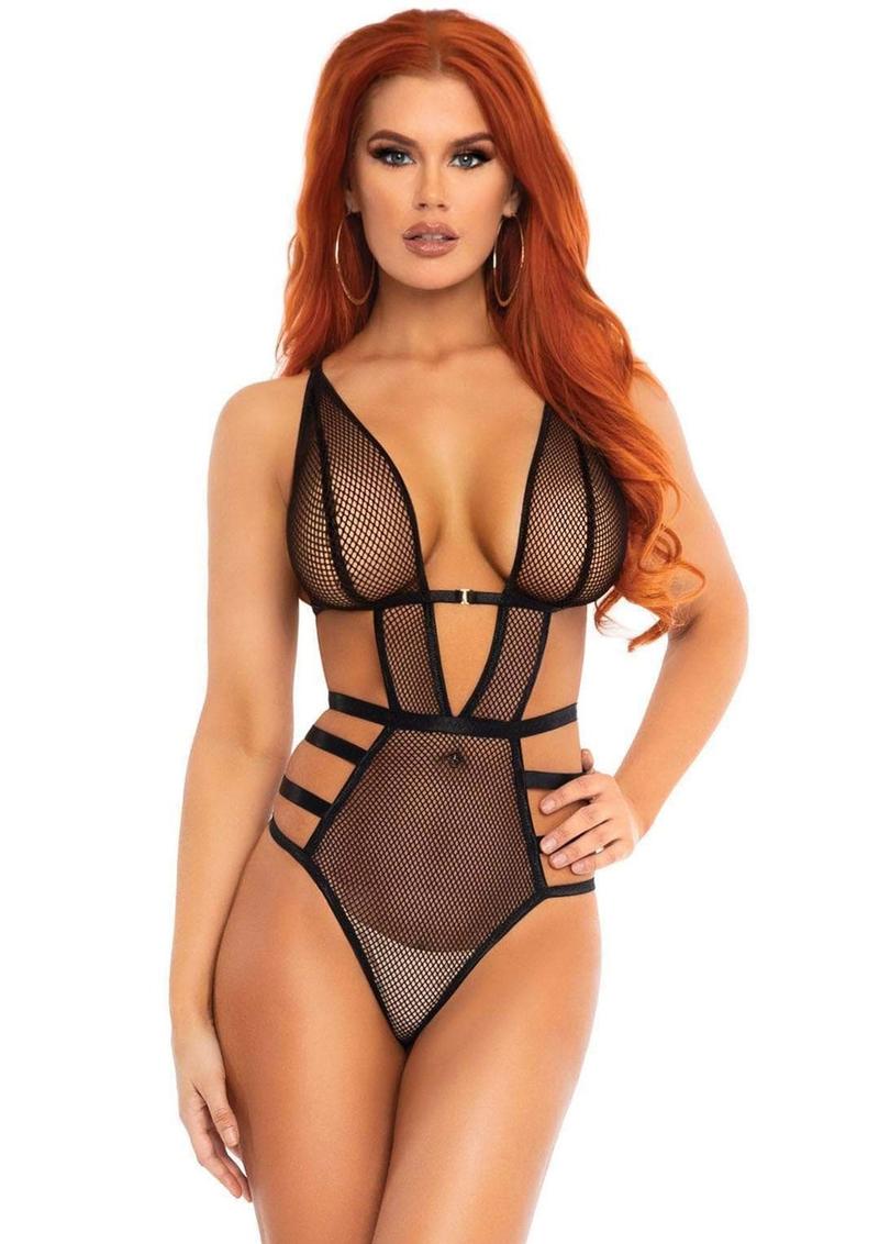 Leg Avenue Fishnet Cut Out Strappy G-String Teddy with Adjustable Straps - Black - Medium