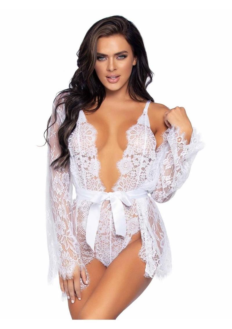 Leg Avenue Floral Lace Teddy with Adjustable Straps and Cheeky Thong Back Matching Lace Robe with Scalloped Trim and Satin Tie - White - Large