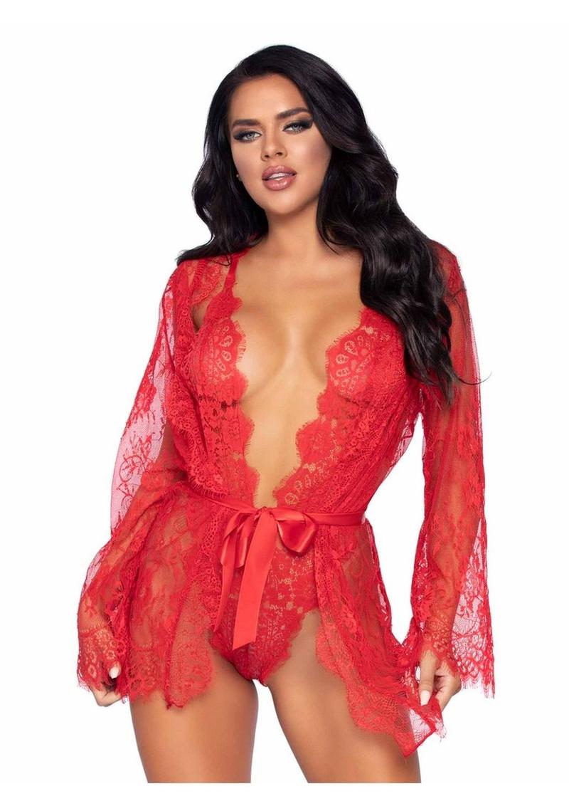 Leg Avenue Floral Lace Teddy with Adjustable Straps and Cheeky Thong Back Matching Lace Robe with Scalloped Trim and Satin Tie - Red - Medium