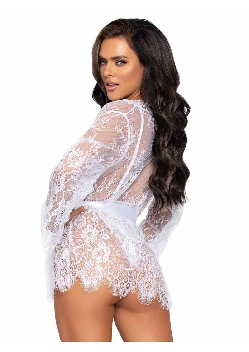 Leg Avenue Floral Lace Teddy with Adjustable Straps and Cheeky Thong Back Matching Lace Robe with Scalloped Trim and Satin Tie