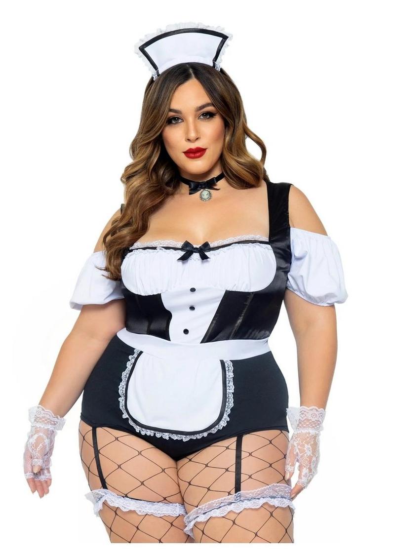 Leg Avenue Foxy Frenchie Garter Bodysuit with Attached Apron, Choker, and Hat Headband - Black/White - 3XLarge/4XLarge/Queen - 3 Piece