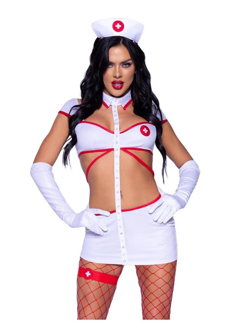 Leg Avenue Heartstopping Nurse Strappy Cut-Out Dress with Snap Detail, Gloves, Headband, and Garter - White - Small - 4 Piece