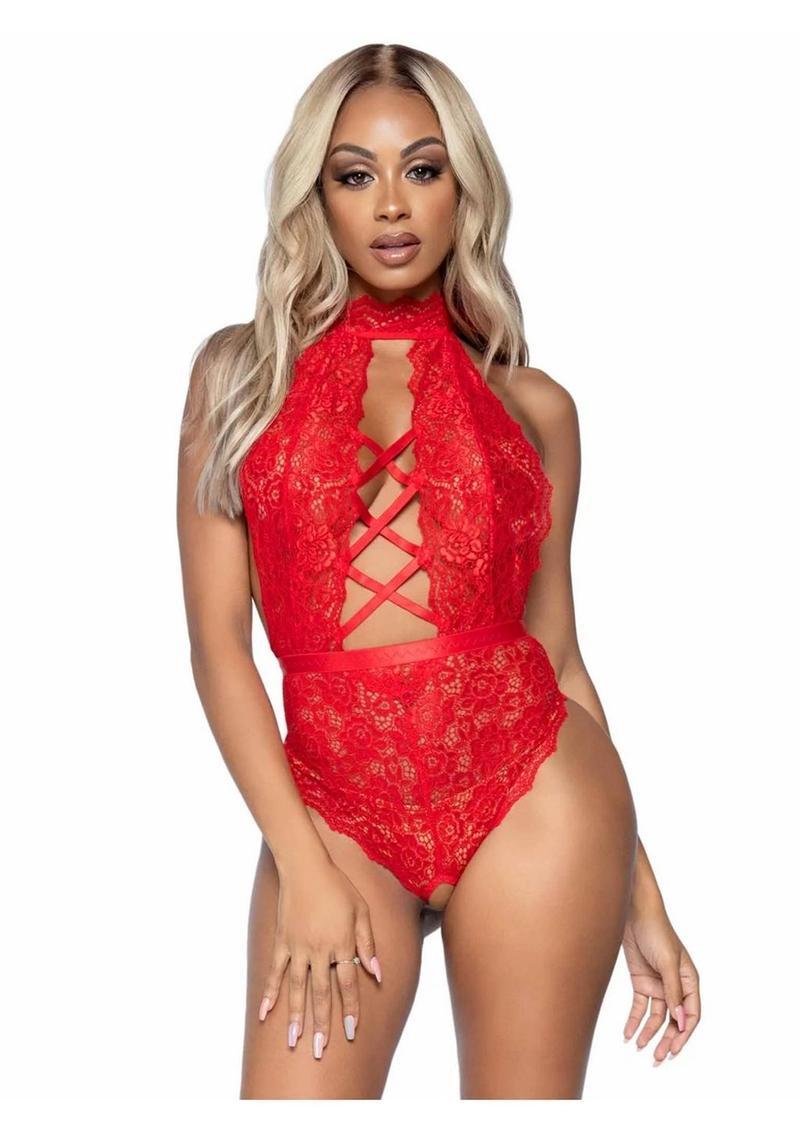 Leg Avenue High Neck Floral Lace Backless Teddy with Lace Up Accents and Crotchless Thong Panty - Red - Large