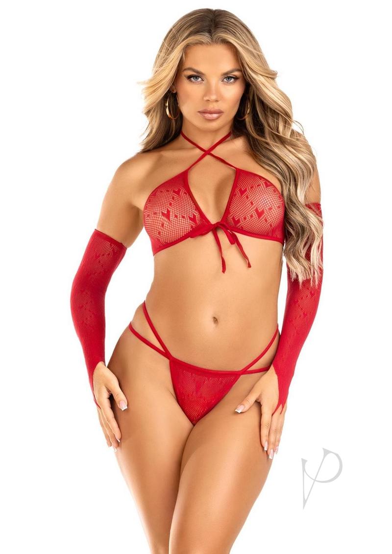 Leg Avenue Mini Heart Net Keyhole Crossover Crop Top, Dual Strap G-String, and Gauntlet Gloves - Red - One Size